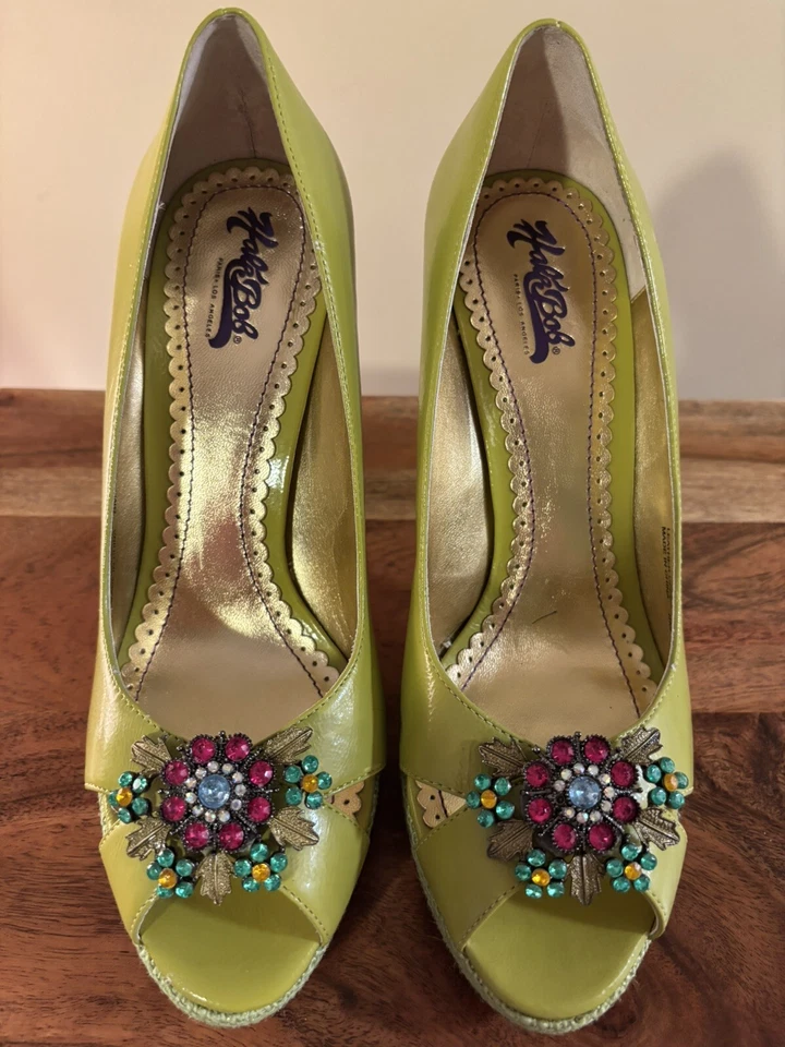 New! Hale Bob Lime Green Embellished Peep Toe Pumps Heels Size 8 Wicked Inspired - Image 4 of 4