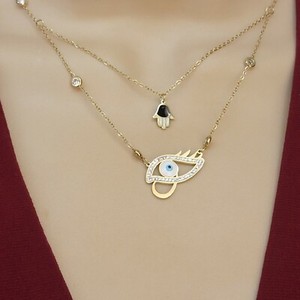 Authentic Gold Plated Evil Eye & Hamsa Hand Pendant Layered Necklace