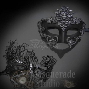 Couples Black Roman and Black Swan Costume Party Masquerade Masks Set