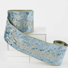 Merry Christmas Ribbon 4 inch Dusty Blue Velvet Wired Ribbon with Glitter Gol...
