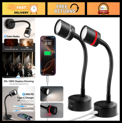 12V LED Reading Light - Dimmable RV Lamp with USB-C Charger, Flexible Neck, 2-Pa