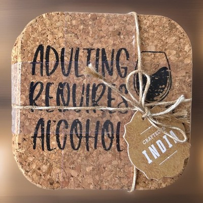 Adulting Requires Alcohol Set Of 4 Rectangular Rounded Edges Cork Coasters New