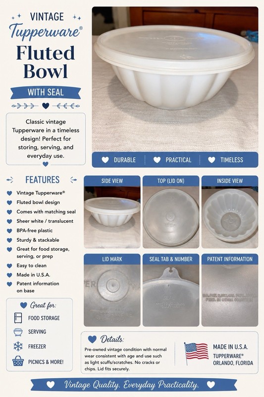 Tupperware Vintage Fluted Bowl with Seal White 229-6 BPA Free Stackable