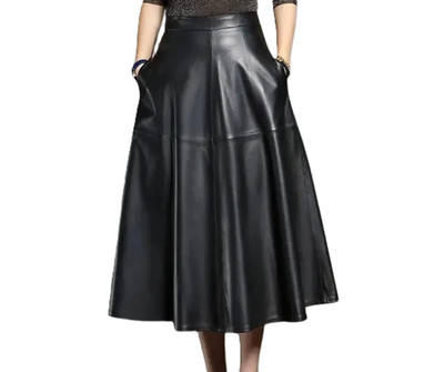 Damen Leder Midi Rock A Linie Hohe Taille Ausgestellter Rock mit Tasche
