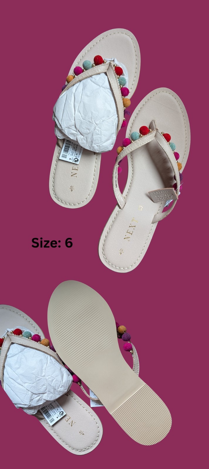 Women's Real Leather Multi Pom Pom Flip Flop Style Toe Post Sandals - UK Size 6 image 2