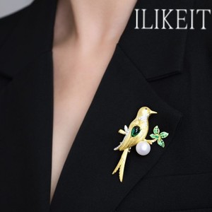 Authentic Elegant Bird on Branch Pin, Gold Plated with Pearl & Emerald Accent