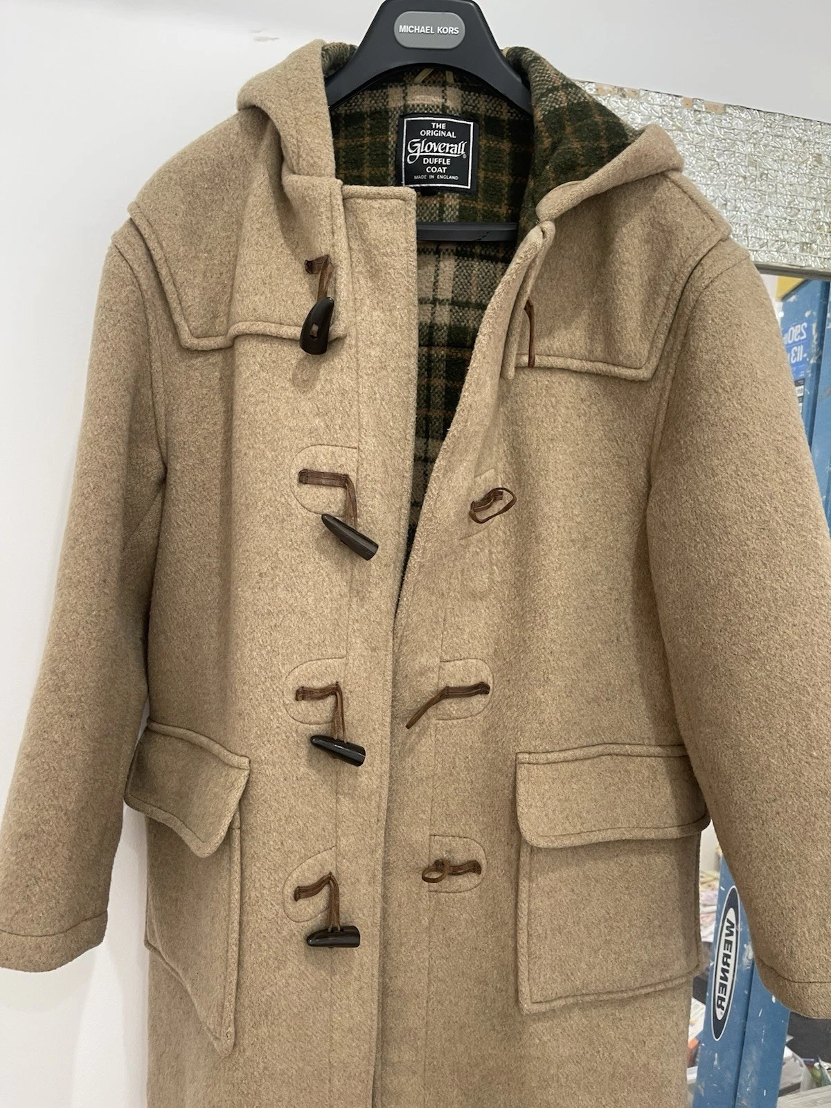 Gloverall Men's Beige Long Duffle Coat Hooded Toggle Closure Plaid Lined image 2