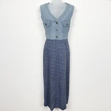 Vtg Sostanza Dress Womens L Blue Denim Floral Tie Waist Cottagecore Country Cute