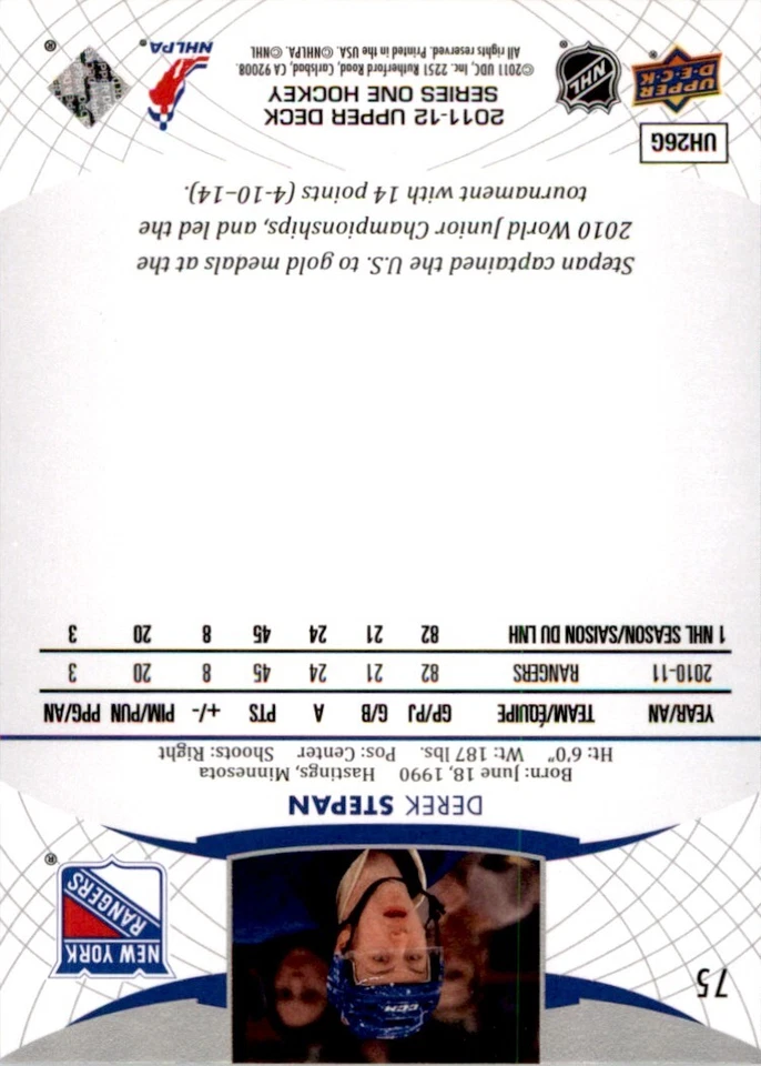 2011-12 Upper Deck Derek Stepan New York Rangers #75 - Image 2 of 2