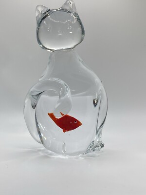 Murano Style Art Glass Cat Paperweight Gold Fish In Belly Art  Collectible VTG