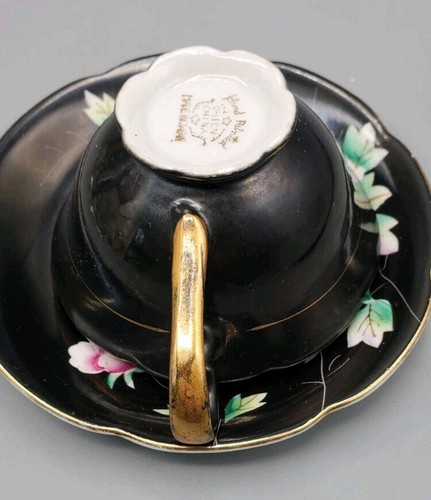 Handpainted Orion China Black With Yellow Pink Cabbage Rose Teacup Saucer Japan - Picture 7 of 12
