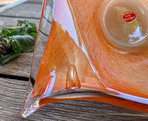 Italian Mid-Century Murano Large Freeform Triangle Glass Bowl Orange White - Picture 4 of 24