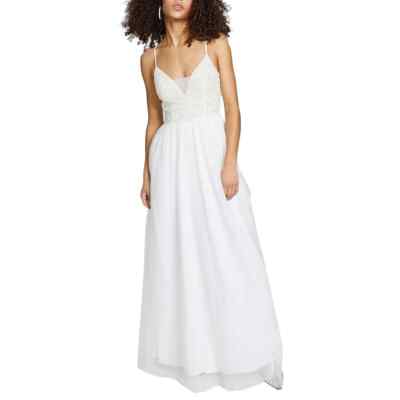 TRIXXI White Embellished Illusion Inset Lined Spaghetti Strap V Neck Long Prom