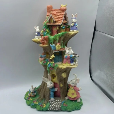 Easter Décor Bunny Rabbit Family 12'' Resin Tree House Perfect for Display