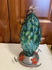Hummingbird Feeder Hanging, Blown Glass Hobnail Blue Green