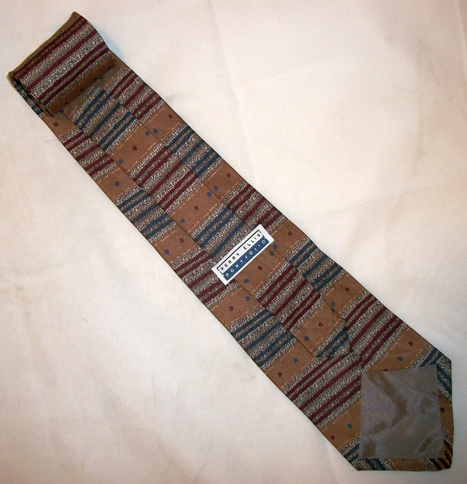 Corbata de cuello de seda a rayas marrones, azules y rojas Perry Ellis 57" de largo x 4" de ancho (E627) Foto 3 de 3