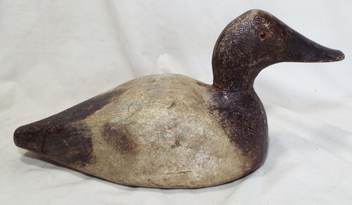 Old WOODEN Brown & Grey Flat Bottom DUCK DECOY Glass Eyes Orig Paint Marked CT - Picture 2 of 9