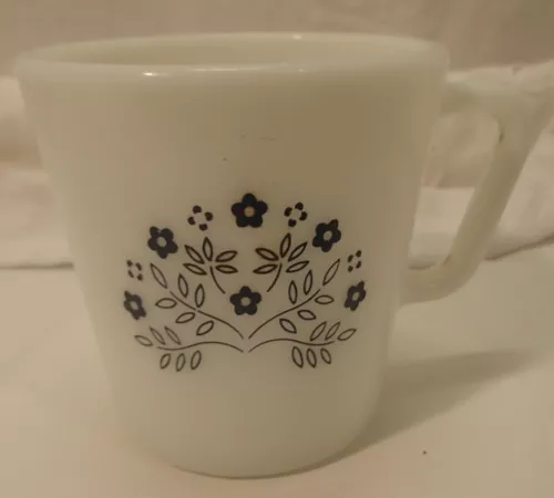 Vintage Pyrex 1410 300ml 10 oz White Glass Coffee Mug Cup D Handle, Blue Flowers