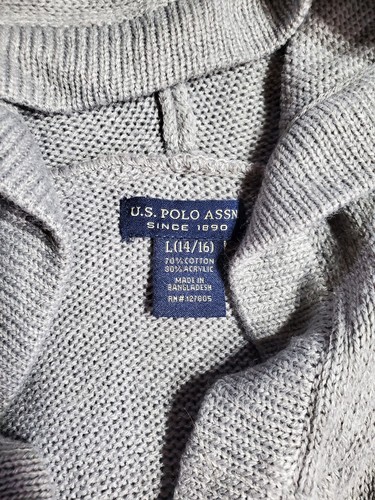 US Polo Assn. Girl Open Hooded Cardigan Sweater White Stripes size L (14/16) - Picture 3 of 8