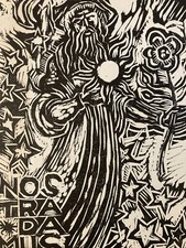 Very Beautiful Unique Linocut Ink 1960 Rodolfo Nieto Nostradamus Mexico