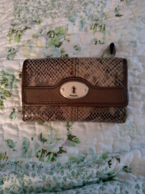 Fossil Wristlet Wallet Snakeskin Brown Leather Zip Clutch Small Womens 
