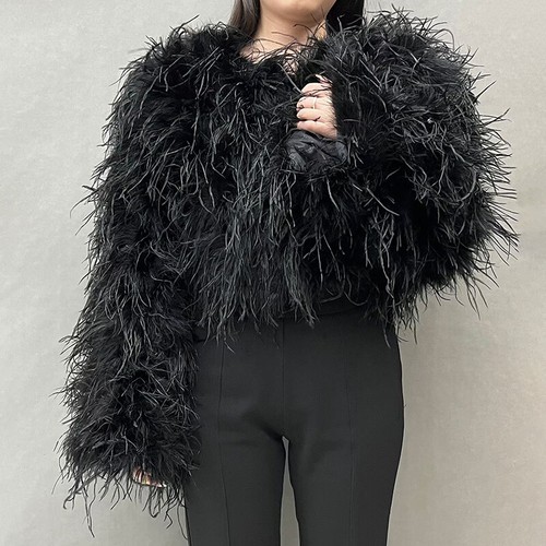 Women Cropped Ostrich Feather Jacket Lady Wide Cuff Fluffy Short Coat Wedding - Picture 28 of 47