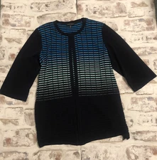 Ming Wang Cardigan Jacket  1X  Knit Open Front Career Navy Blue Green 3/4 Slv