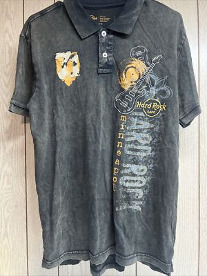 Hard Rock Cafe Polo Shirt Men's Med Distressed Charcoal Gray Black  Minneapolis