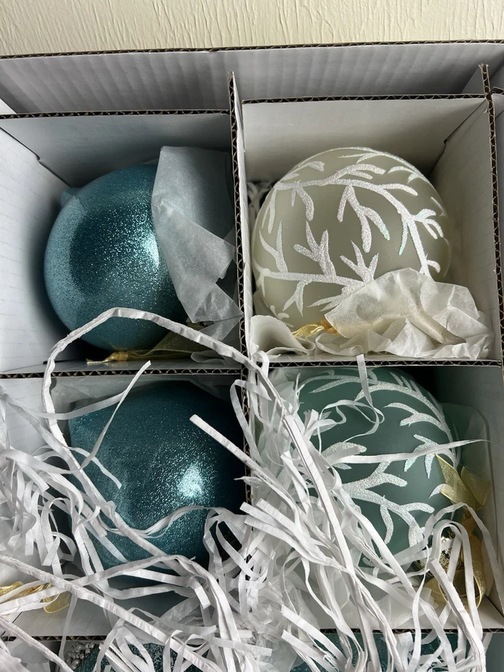 Frontgate Holiday Collection Box Set of 60 Glass Christmas Ornaments Blue White - Image 3 of 4