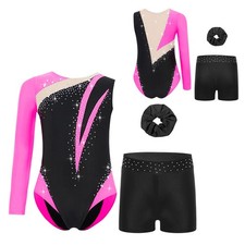 Kids Girls Set Dance Dancewear Leotard Outfit Gymnastics Color Block Costume