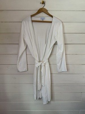 PIXIE LILY Luxury White Bathrobe W/ Gray Embroidered Trim Sz MEDIUM Pima Cotton