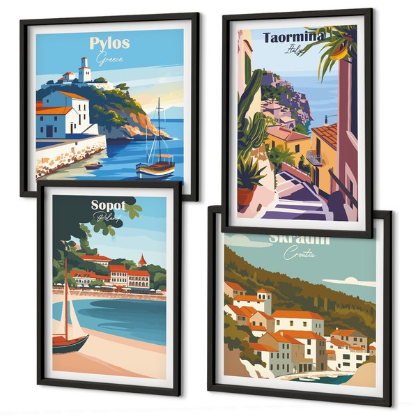Wohnzimmer Poster Set Im Rahmen Illustrationen Von KüStenstäDten Schwarz Rahmen-image