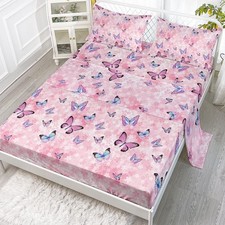 Pink Flower Butterfly Sheet Set - 4 Pcs, Fitted  Flat Sheets  2 Pillowcases...