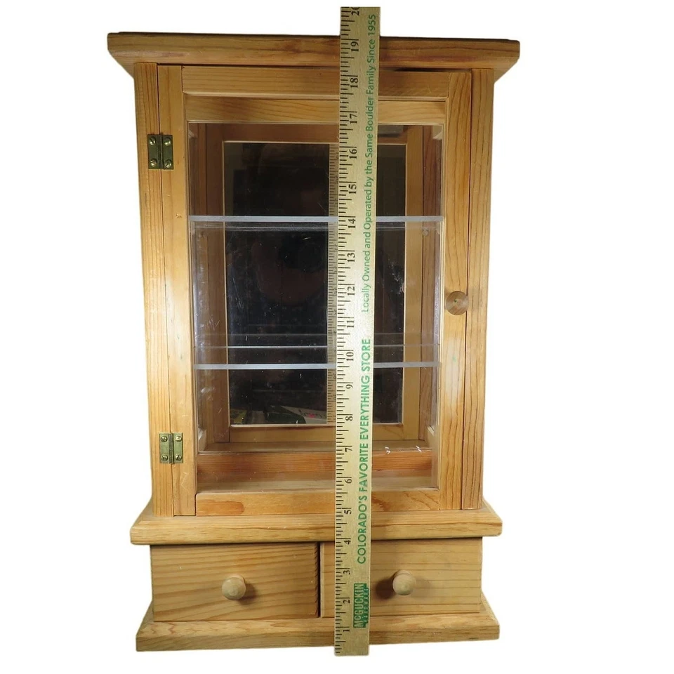 Wooden Display Cabinet Plexiglass Door 2 Drawers Three shelves Curio 19.5" Pine - Image 3 of 4