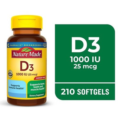 Vitamin D3 1000 IU 25 mcg Softgels Dietary Supplement for Bone and Immune Health