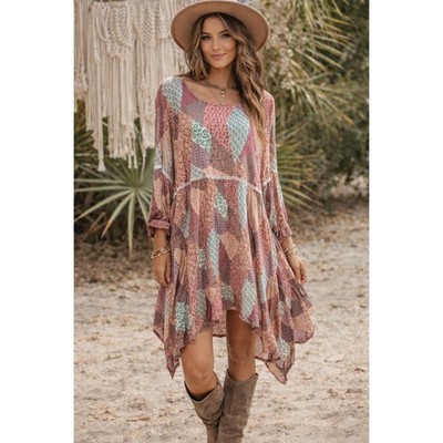 Nanette Lepore Patchwork Boho Sharkbite Hem Bell Sleeve Crochet Accent Dress 16
