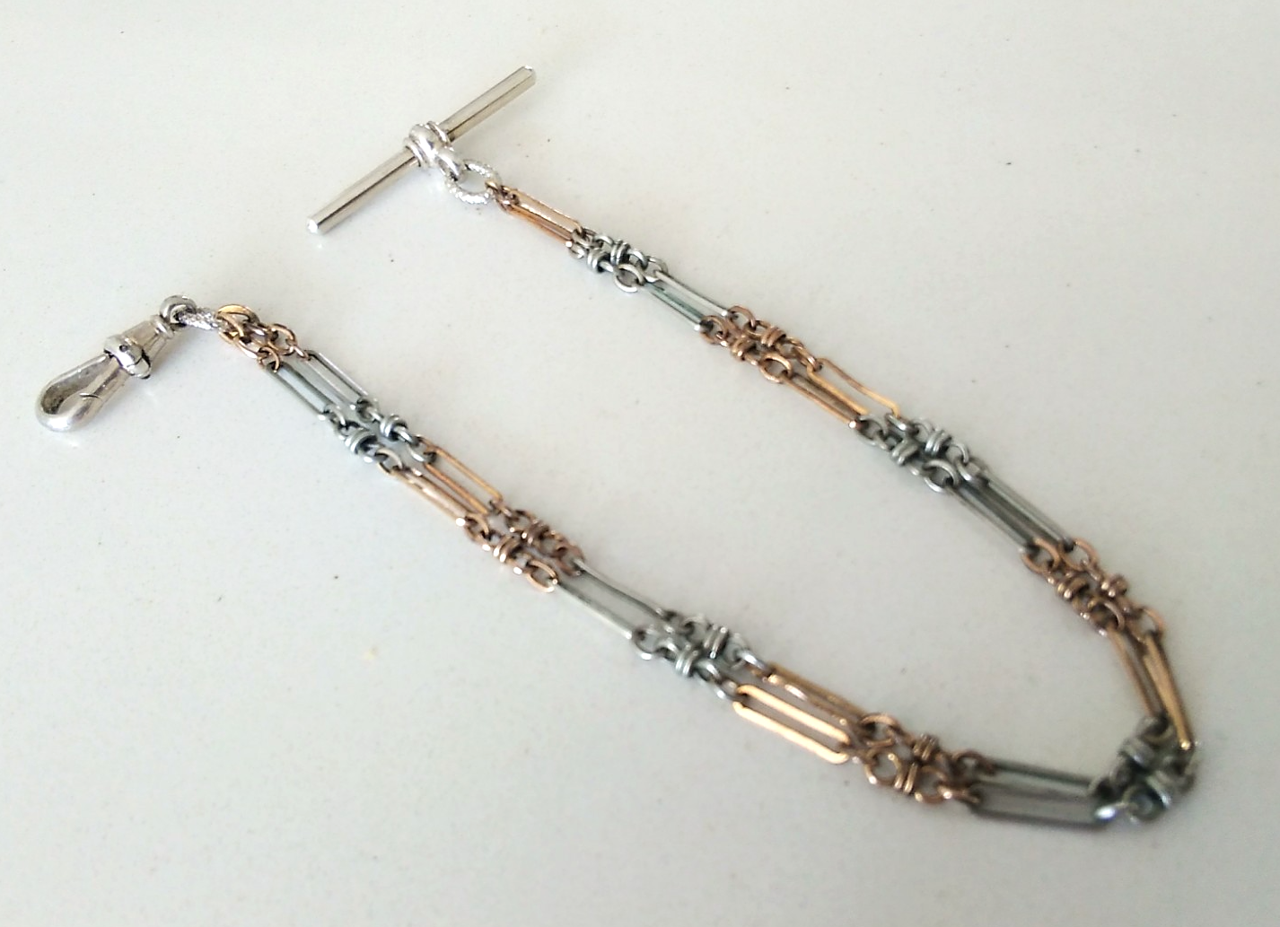 Antique K&J 2-Tone Rolled Gold Watch Chain with Fancy Links & Dog Clip T-Bar - 6g