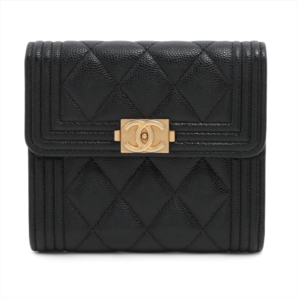 Chanel Boy Chanel Caviar Skin Compact Wallet Black Gold Metal Fittings 29th-image