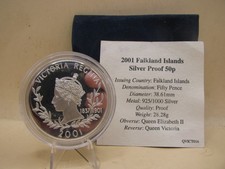 BULLION - Silver Proof Coin METRIC 1oz - 2001 Queen Victoria Falkland Islands 95.00 per troy oz