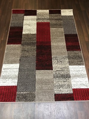 NEU TOLLE QUALITÄT GEWEBT MODERN KARIERT BLOCK DESIGN LUXUS TEPPICHE XLARGE ROT SILBER
