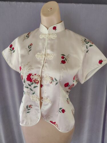 Vintage 90s Y2K Asian Cream Floral Satin blouse S… - image 1