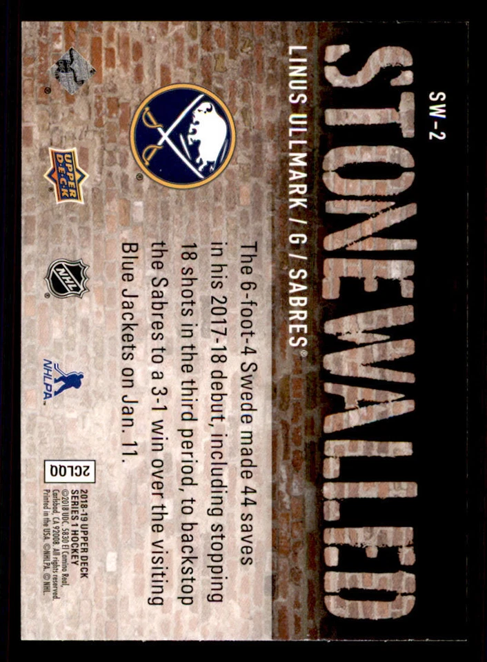 2018-19 Upper Deck Stonewalled #SW2 Linus Ullmark - Image 2 of 2