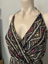 BCBGENERATION DRESS HALTER BLACK AZTEC w/YELLOW PINK BACK NECK TIE NWT $88 XS