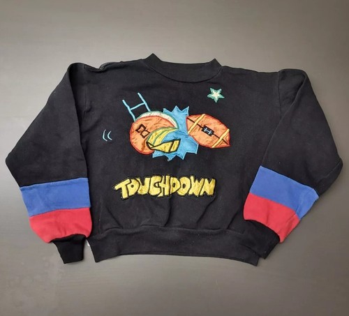 Vintage 80s Unbranded Boys Sz 4T Black Blue &Red Football Embroidered Sweatshirt