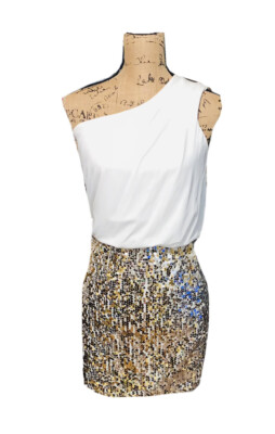 WAY-IN Clothing Gold / White Sequin Dress Party Cocktail One Shoulder Sz S | eBay WAY-IN Clothing Gold / White Sequin Dress Party Cocktail One Shoulder Sz S | eBay
