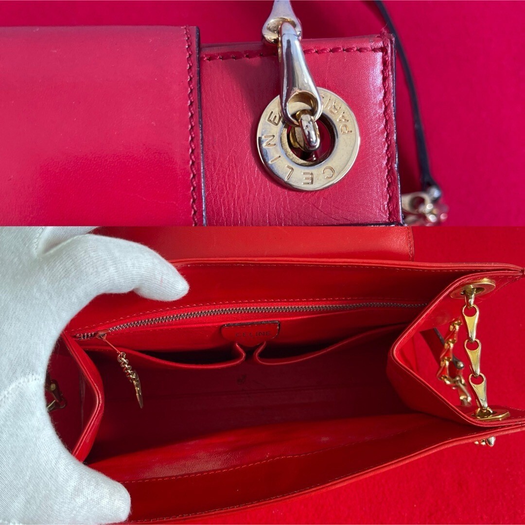 CELINE Vintage Chain Shoulder Bag Leather Red authentic Used CELINE Vintage Chain Shoulder Bag Leather Red authentic Used