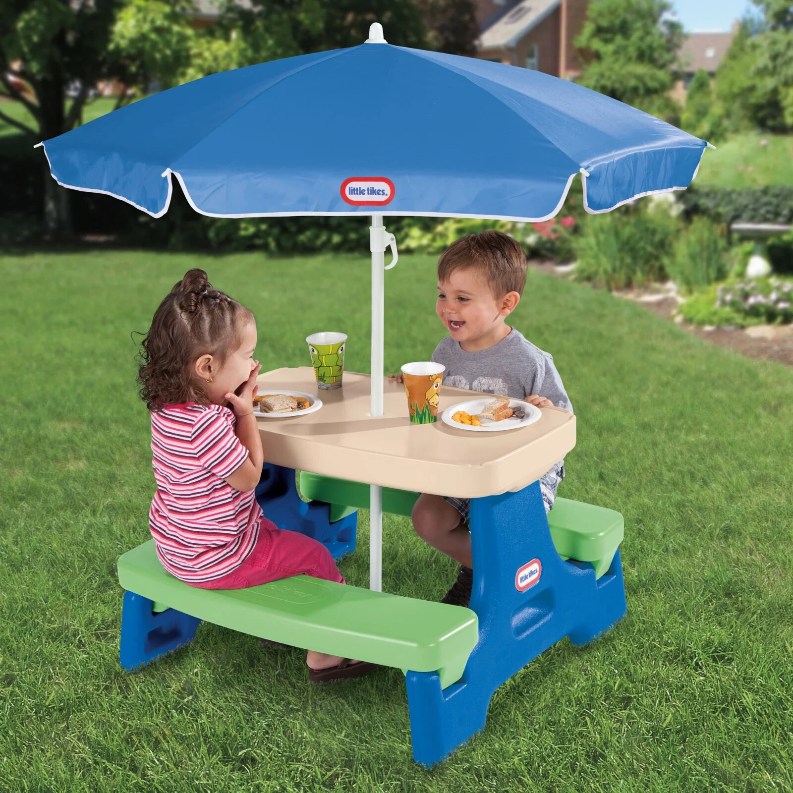 Little Tikes Outdoor Portable Kids Picnic Table with Umbrella, Blue ...