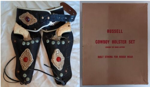 RUSSELL COWBOY HOLSTER SET mit GENE AUTRY PUNS - 1950ER JAHRHUNDERTMITTE - INKLUSIVE BOX! - Bild 1 von 16