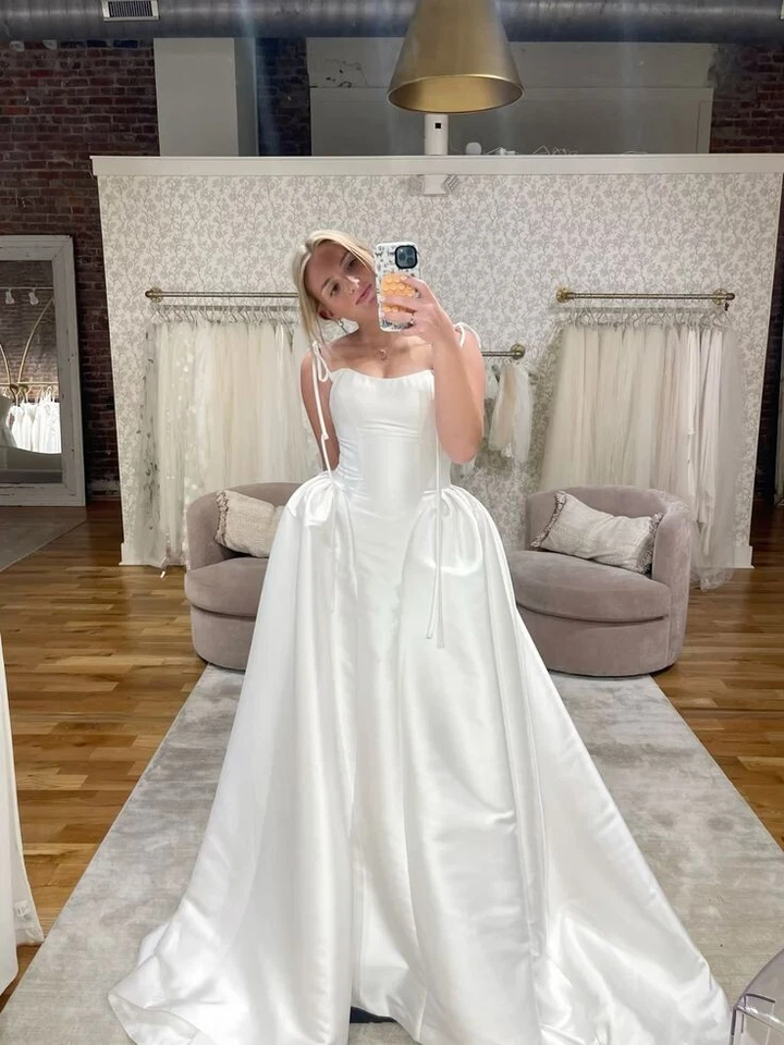 Spaghetti Straps Wedding Dresses Satin Elegant Beach A Line Bridal Ball Gowns - Image 4 of 4