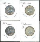 Lot of (4) Coins - 90% Silver Washington Quarters - 1961-P & D, 1962-P & D